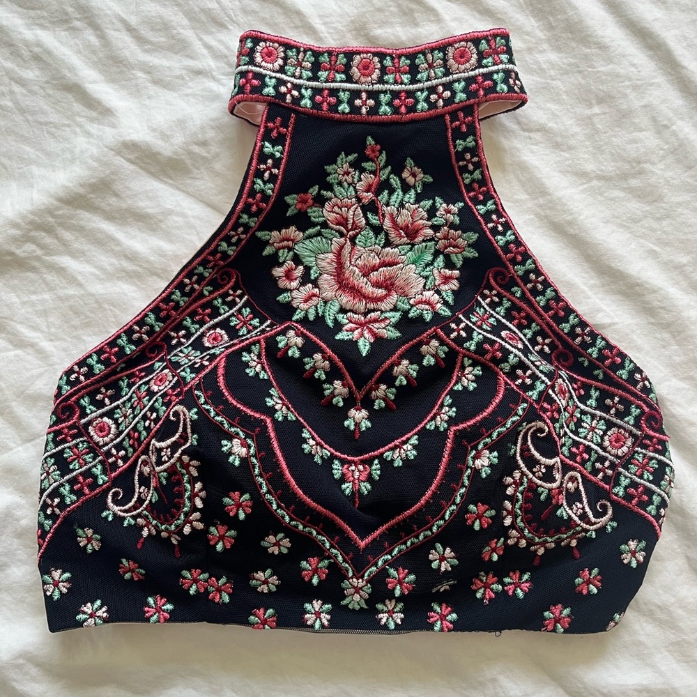 Blondie Nites navy blue Floral Embroidered crop Top